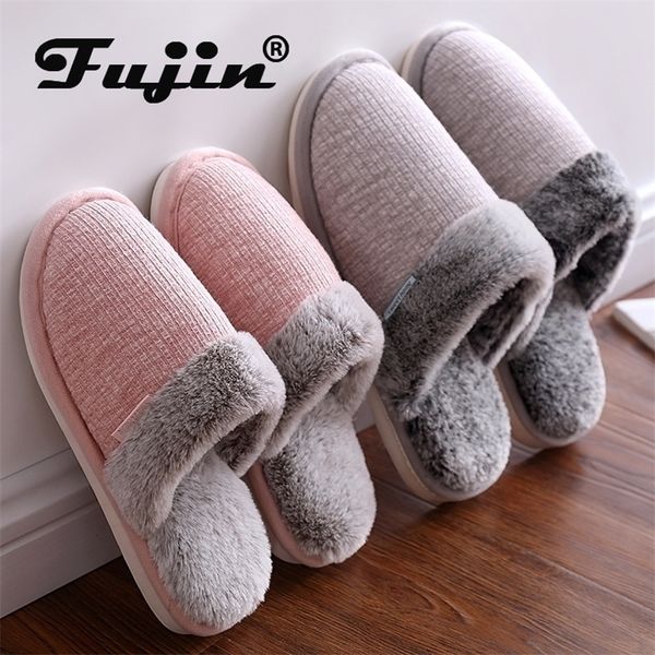 

fujin warm winter slippers plush warm shoes winter women men house home slippers indoor flip flop fur furry slides 201026, Black