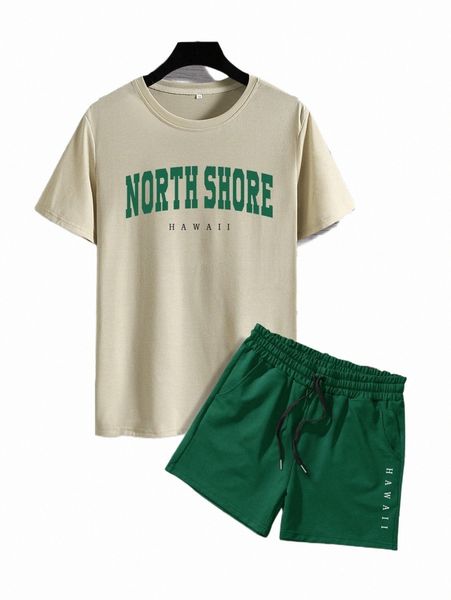 

men letter graphic tee & shorts 73rc#, Gray