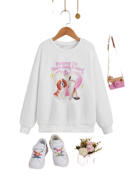 

girls dog & slogan graphic drop shoulder sweatshirt m6h8#, Black;white