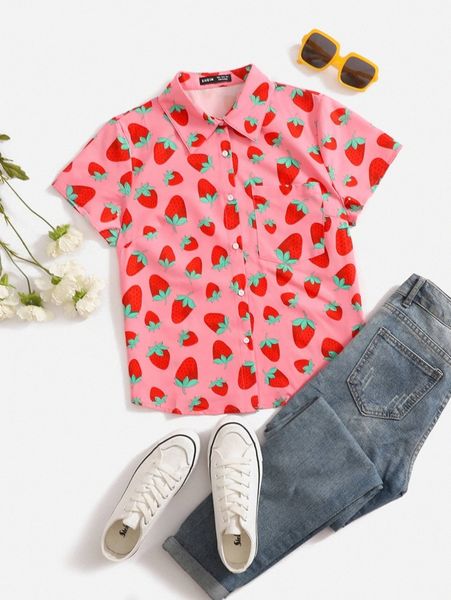 

strawberry print button up d3r9#, White