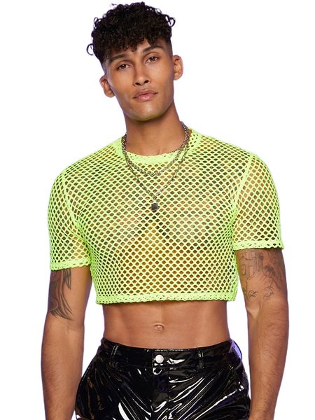 

men neon lime fishnet mesh crop m1du#, White;black