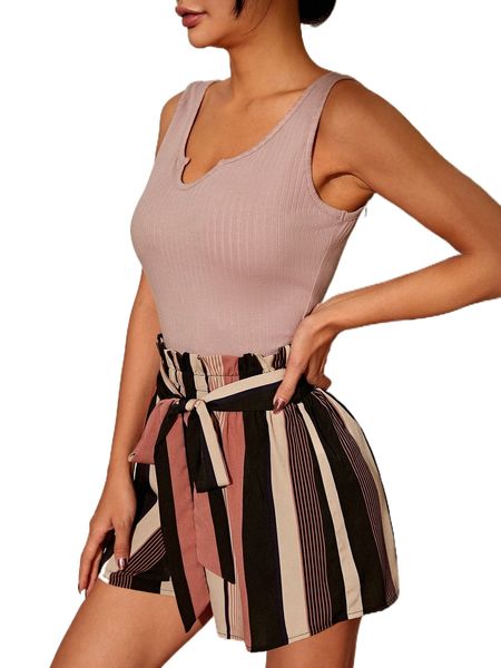 

tall vertical striped frill trim notched neck belted romper g7fy#, Black;white