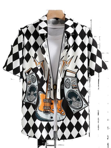 

men plaid & guitar print shirt without tee s4el#, White;black