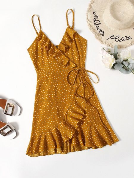 

polka dot knot side ruffle trim wrap cami dress n2mg#, Black;gray