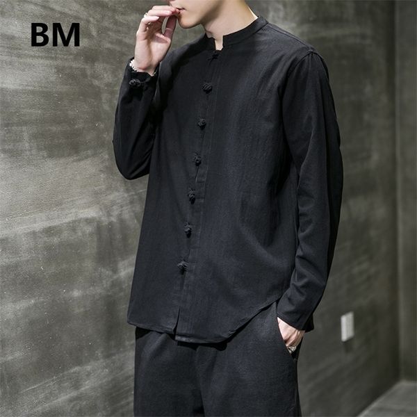 Camicie di lino Abbigliamento uomo Camicia a maniche lunghe stile cinese con bottoni retrò Colletto rialzato tinta unita Taglie forti larghe 220323