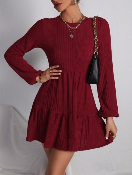 

lantern sleeve ruffle hem dress c9a7#, Black;gray