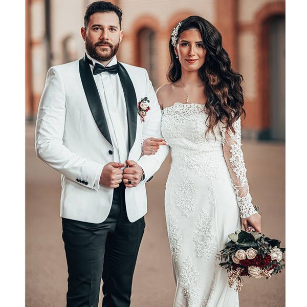 

mermaid sheer long sleeves wedding dress sweep train lace real images beach party bridal gowns vestido de noiva curto, White