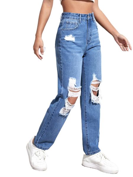 

high waist ripped straight leg jeans c0tl#, Blue