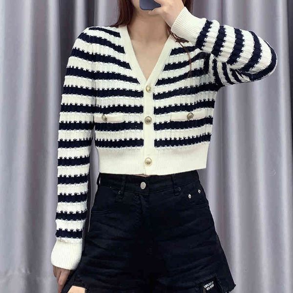 

women's knits & tees blue and white stripes contrast sequins v-neck stripe short navel exposed long sleeved cardigan jacket sweater y2x