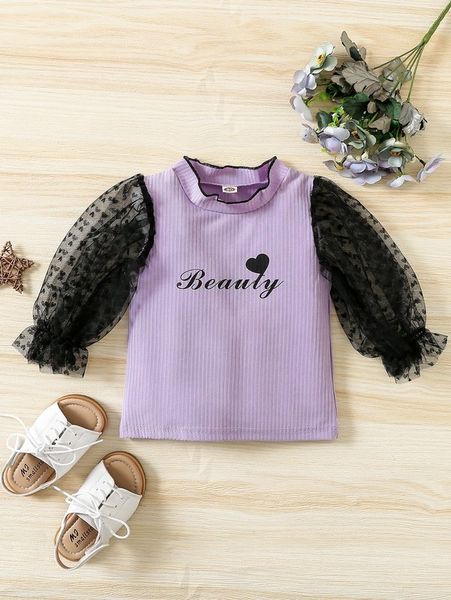 

baby heart & letter graphic flounce sleeve contrast mesh she, Blue