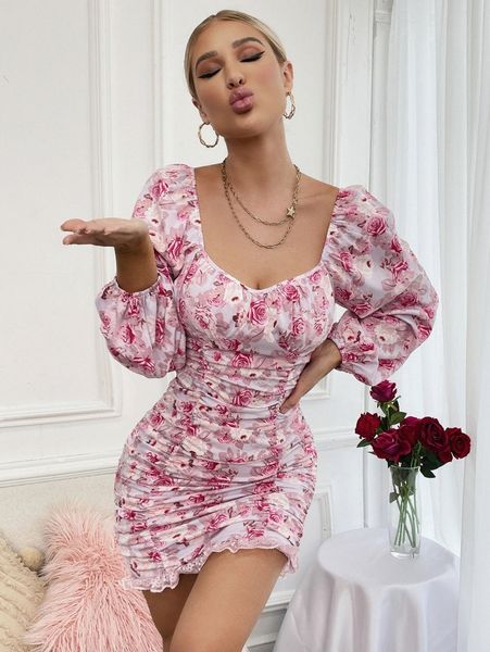 

floral ruched bust lantern sleeve lace hem bodycon dress o4av#, Black;gray