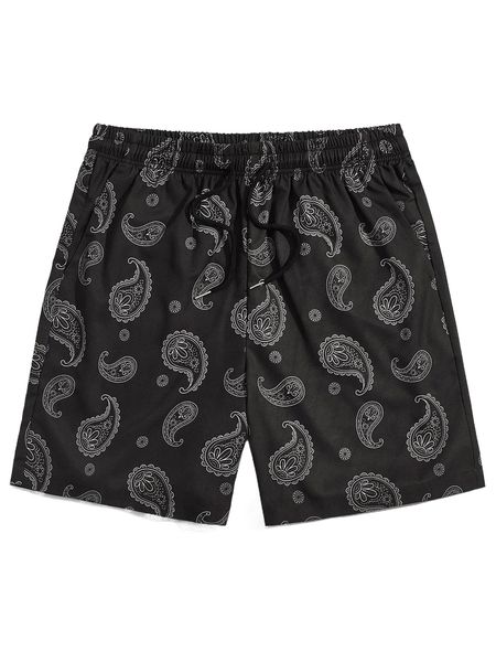 

romwe guys paisley print drawstring shorts h8md#, White;black