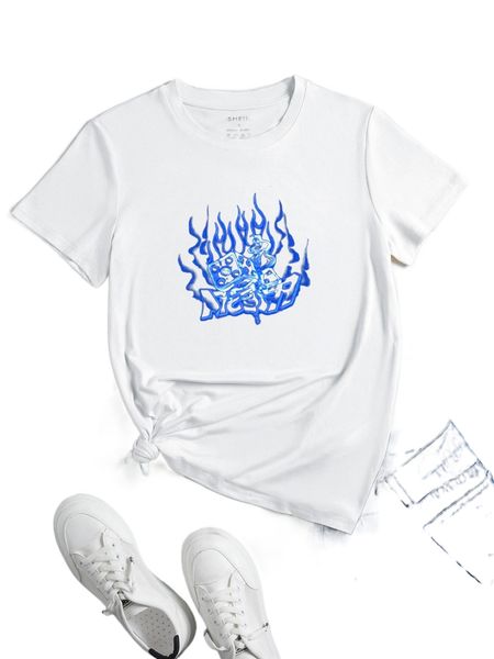 

dice & fire print round neck tee t7py#, White
