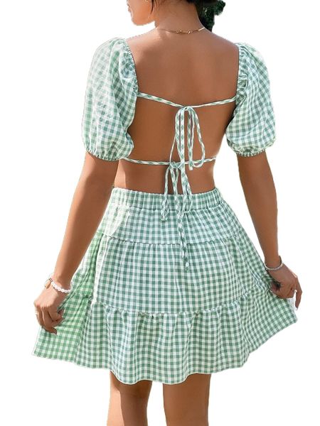 

gingham sweetheart neck puff sleeve crop & ruffle hem skirt v6nu#, White