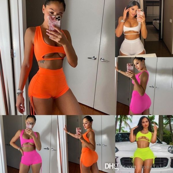 

womens designer clothing 2022 summer tracksuits new leaky navel vest leisure sports drawstring strap two piece shorts set, Gray