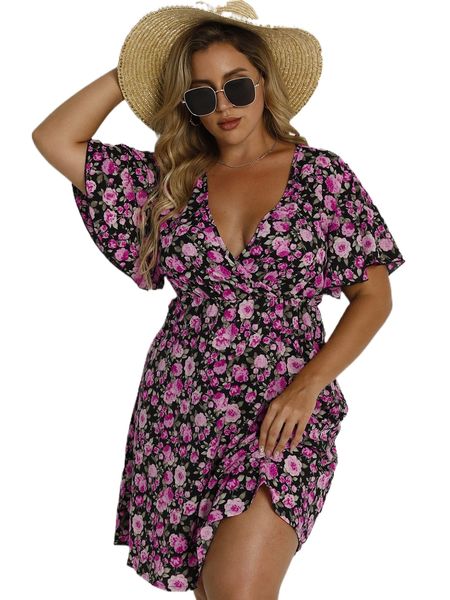 

plus allover floral print knot side wrap dress z7nl#, Black