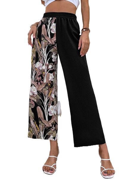 

floral print wide leg pants t4pk#, Black;white
