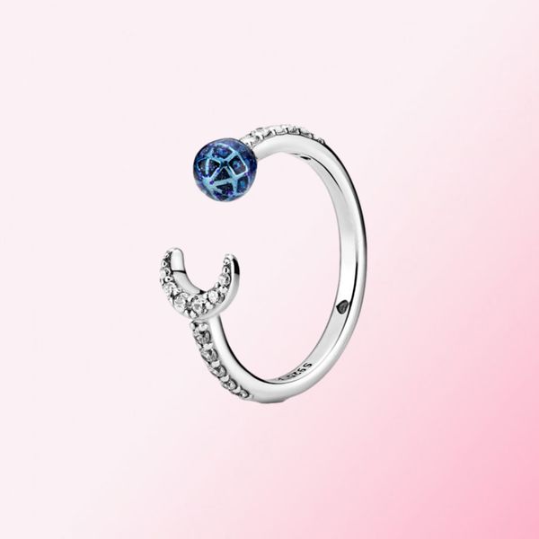 Anelli in argento sterling 925 Blue Earth Moon Anello aperto Gioielli Cuore Anello Pandora originale Fit Creazione di gioielli Regalo fai da te