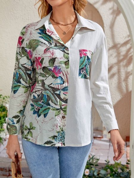 

emery rose floral print pocket patched button up blouse i8u9#, White