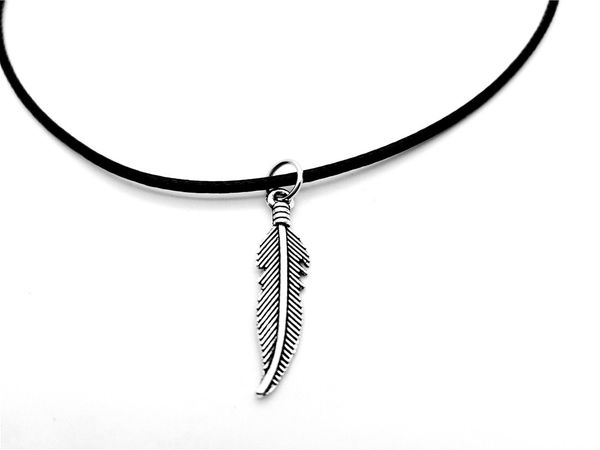 

30pcs simple cute long bird feather necklace indian tree pot fallen leaf vine olive leather rope necklaces for women, Silver