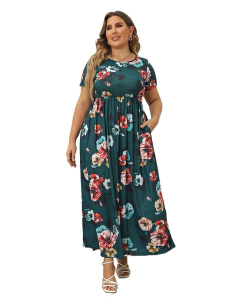 

plus floral print slant pocket dress k2if#, Black