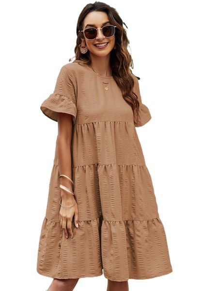 

solid flounce sleeve smock dress x4rx#, Black;gray
