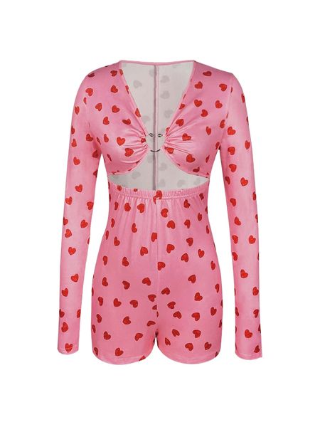 

heart pattern u-ring cut out unitard romper t8by#, Black;white