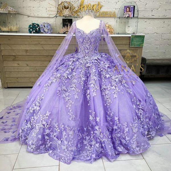 Leylak spagetti kayış kelebek aplikeler dantel quinceanera elbise balo elbise pape ile kristal tatlı 15 vestidos de xv anos 322