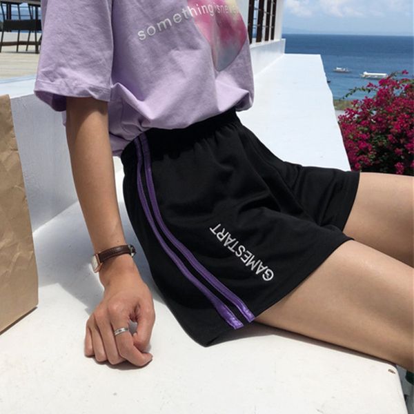 

shorts letter embroidery korean style elastic waist loose striped women short womens pockets summer fashion sweet girl y200512, White;black