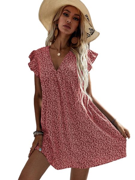 

ditsy floral flutter sleeve tunic dress 47mf#, Black;gray