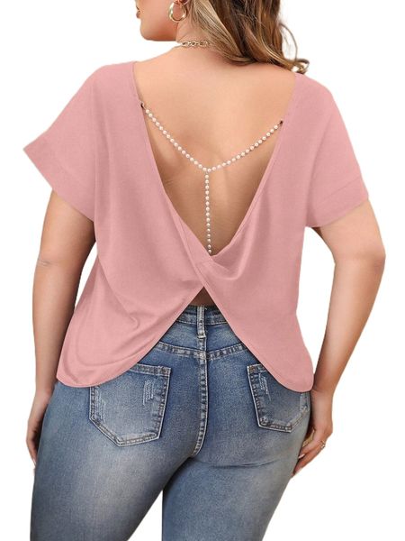 

plus pearl twist backless tee 873f#, Black