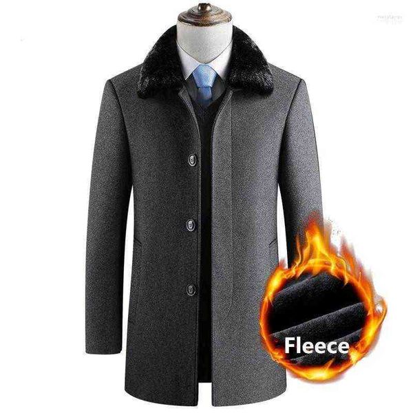 Kış uzun yün kat erkekler kalın sıcak polar ceketler rahat ince fit kürk yaka tavuk rüzgarlık ceket palto yün trench1 viol22 t220810