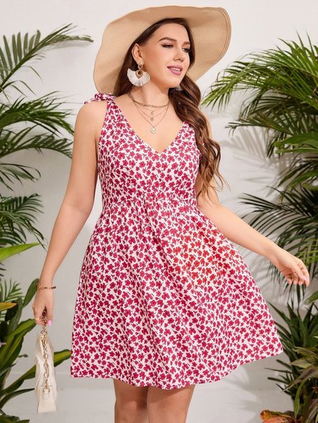 

plus ditsy floral tie shoulder dress j5lq#, Black