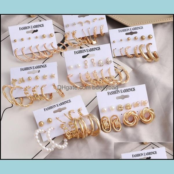 

charm earrings jewelry 6pairs/set gold statement metal big exaggerated circle stud ear ring pearl earring set for women fashion drop deliver, Golden