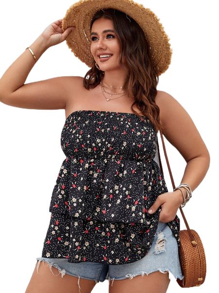 

plus floral shirred back layered hem tube e0uc#, Black