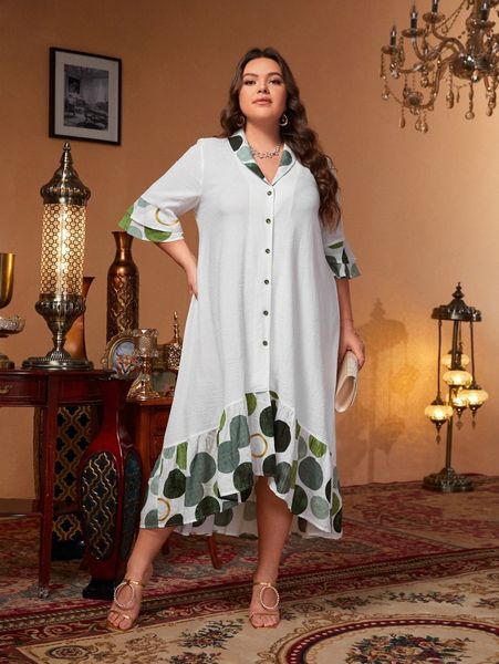 

plus shawl neck colorblock button front high low hem dress l5yp#, Black