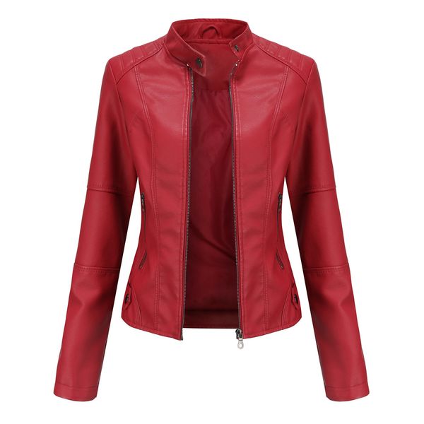 Jaqueta de couro mulheres outono mola moto moto moto zíper jaqueta vermelho preta damasco casaco de café senhoras outerwear marrom