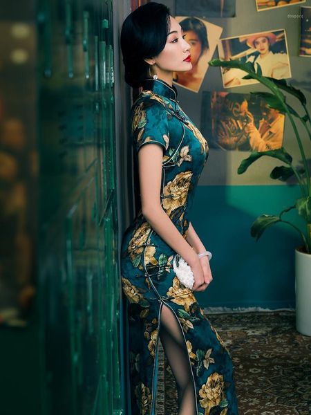 İpek Cheongsam Mavi Baskı Qipao Özel Cheongsams Dressold Shanghai Geleneksel Retro Yüksek Kalamlı İnce Son Elbise Etnik Giyim