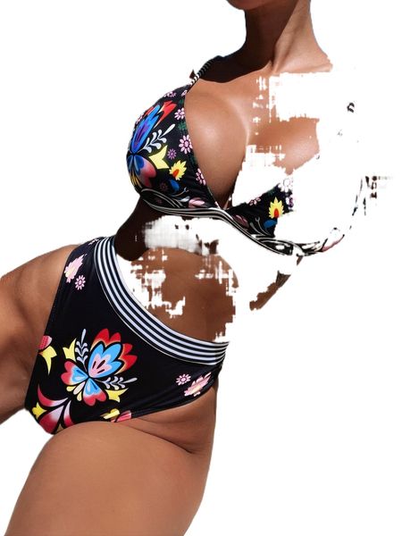 

floral striped tape triangle high waisted bikini swimsuit m3d2#, White;black