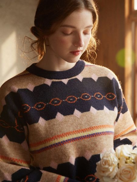 

knit mix drop shoulder geo pattern sweater q2vq#, White;black