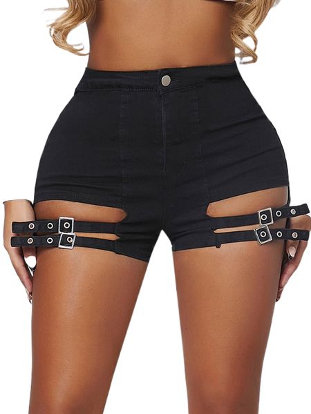 

sxy solid cut out grommet eyelet buckled denim shorts e3mz#, White;black