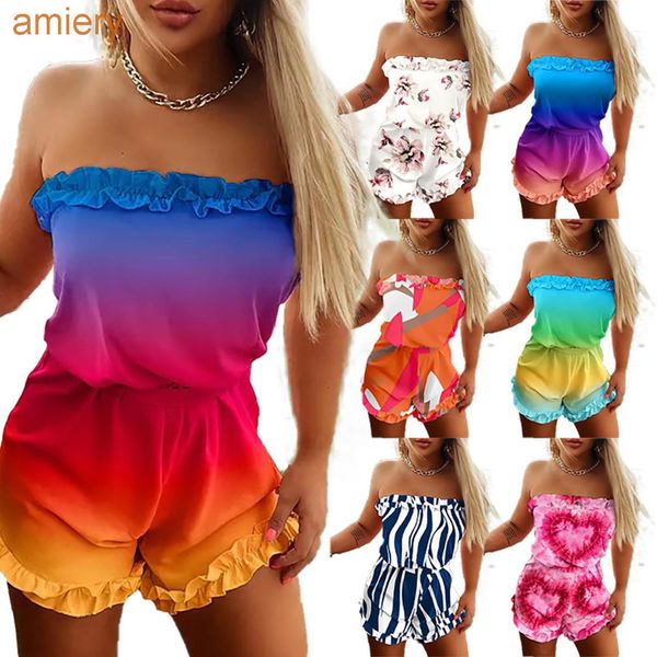 

2022 women fashionable new printed jumpsuit shorts sleeveless bodysuits romper one line collar strapless playsuit 2xl, Black;white