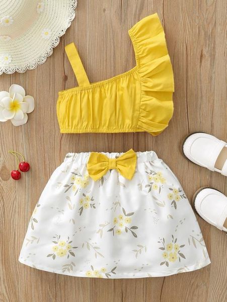 

little girl's asymmetric collar ruffle and printed bow skirt she, White