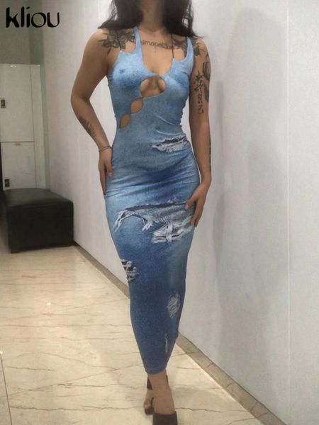 

faux frayed print maxi dress women fashion asymmetrical neck sleeveless hollow out lace up slim robe streetwear lady jurk, Black;gray