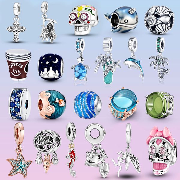 925 Sterling Silver Pingente Charms para Pandora Caixa Original Starfish Coconut Palm Tree Ladybug Charms European Charms Colar de pulseira