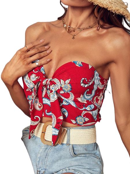 

floral print knot front shirred back tube n4kh#, White