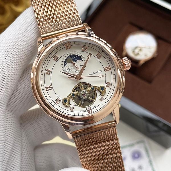 2022 relógio de luxo dos homens grandes relógios mecânicos automáticos quatro agulhas relógio de pulso europeu top marca de aço malha e pulseira de couro moda fase de moagem