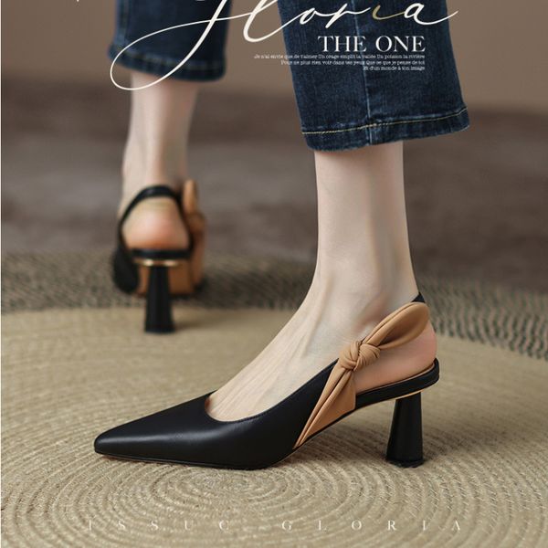 

ladies summer classic luxury sandals sheepskin simple pointed shallow mouth bow temperament wedding shoes 2022 summer new sweet high heels f, Black