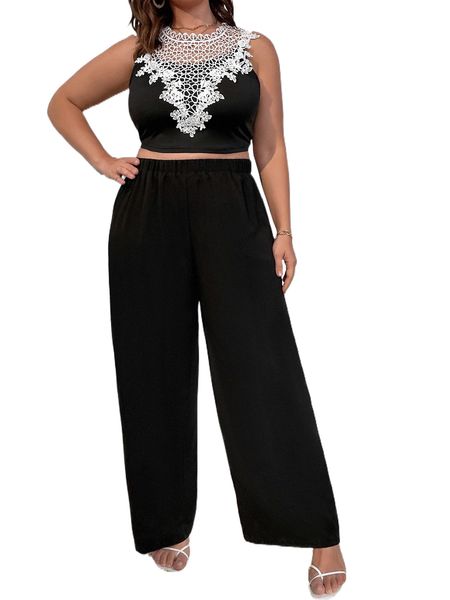 

plus contrast guipure lace crop tank & wide leg pants q1yd#, Black