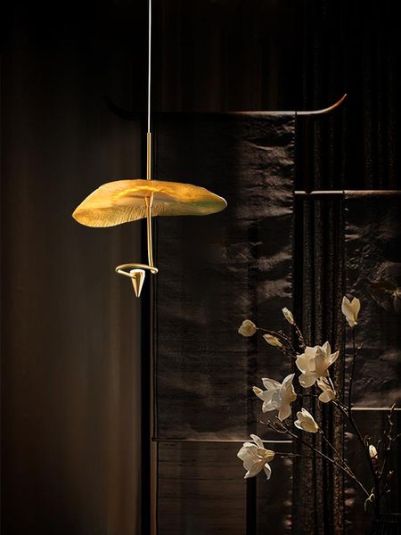 Pendelleuchten Chinesische Vintage Zen Art Lotusblatt Lichter Gold Glanz Dekor Kupfer Hängelampe Restaurant Teestube Geschäft Studie BarPendant